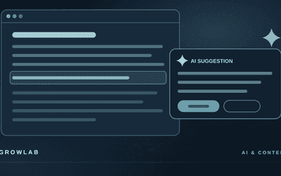 A writing app with a draft open beside an AI suggestion panel offering the next paragraph, illustrating AI-powered content tools that save startups hours.