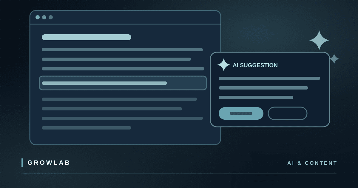 A writing app with a draft open beside an AI suggestion panel offering the next paragraph, illustrating AI-powered content tools that save startups hours.