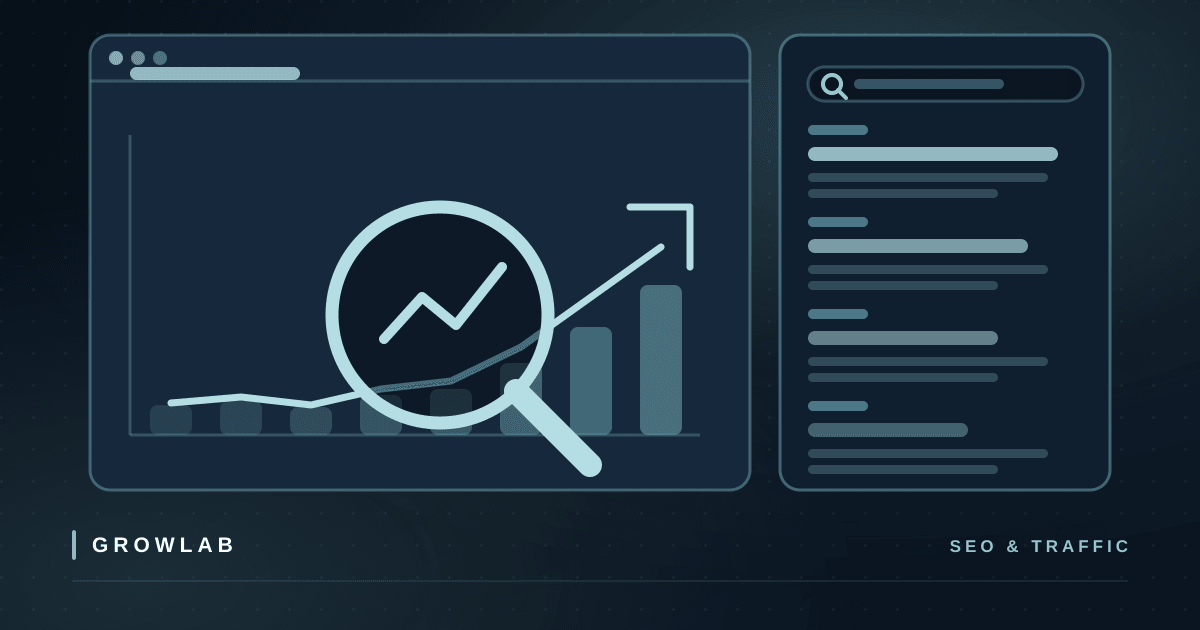 A traffic report under a magnifying glass beside a list of search results, illustrating diagnosing and fixing a website that gets no visitors.