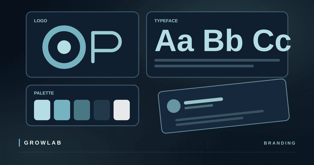 A brand board showing a logo mark, typeface specimen, colour palette and business card mockup, illustrating building a pro brand without a design degree.