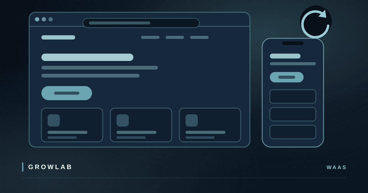 A website shown on desktop and mobile with a recurring update badge, illustrating Website as a Service where hosting and upkeep are handled on a plan.