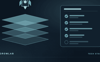 A layered tech stack beside a launch checklist with most items ticked off, illustrating the tools needed to launch a business in a single weekend.