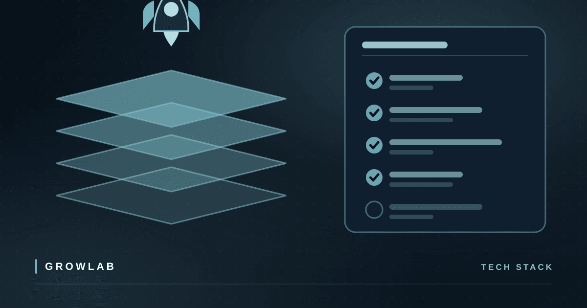 A layered tech stack beside a launch checklist with most items ticked off, illustrating the tools needed to launch a business in a single weekend.